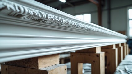 Obraz premium Close-up of ornate white molding or trim resting on wooden supports in a workshop or manufacturing facility.