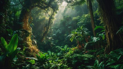 Fototapeta premium Lush rainforest scene with sunlight filtering through dense trees and tropical plants. Vibrant greenery and natural atmosphere of a jungle ecosystem.