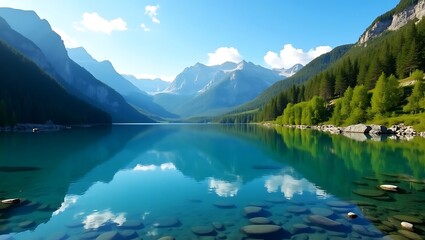 Fototapeta premium Serene mountain lake with clear water and reflections of peaks and forest