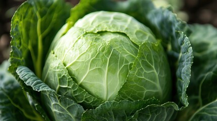 Close-up of fresh green cabbage in garden bed