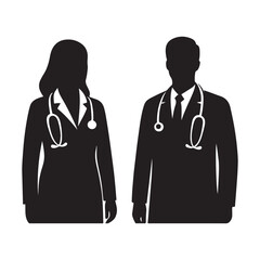 Doctor Silhouette Vector Illustration of Male and Female Physicians with Stethoscope