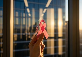 Hand holding red ribbon against city sunset window, Banner template for breast cancer awareness, HIV support health care charity event and prevention campaign with copyspace.