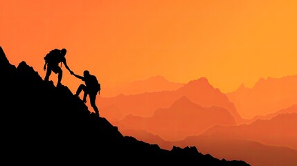 Silhouette Climbers Helping Each Other On Mountain Sunset
