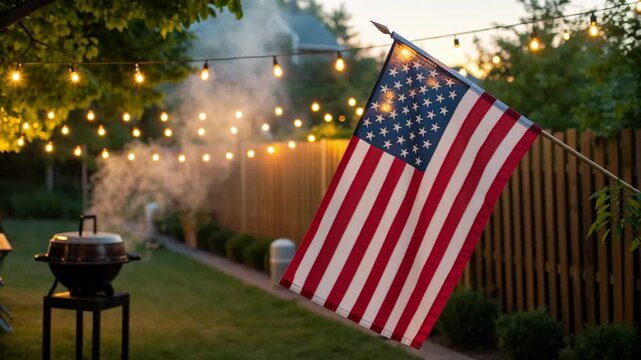 American flag backyard barbecue independence day celebration family gathering holiday evening lights smoke grill warm festive outdoor event