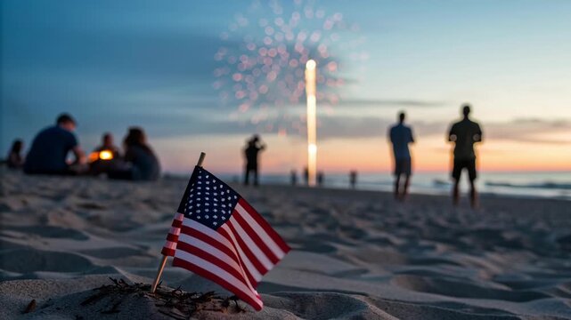 Independence day celebration family gathering holiday beach sunset fireworks American flag waving sand joyful atmosphere sky lighting up