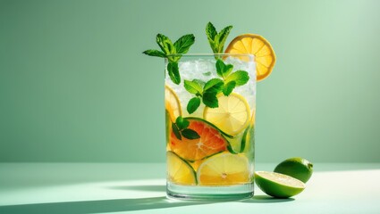 A glass of lemon and lime infused water with fresh mint leaves, served with slices of lemon, lime, and orange; refreshing beverage.