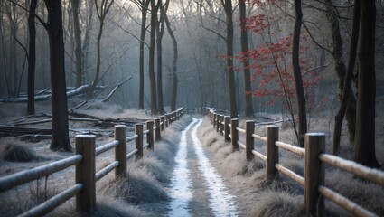 A snowy forest trail with trees and wooden fence, winter scene during dawn or dusk.