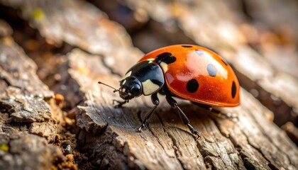 Fototapeta premium Close-Up View of a Vibrant Ladybug on Natural Wood Surface
