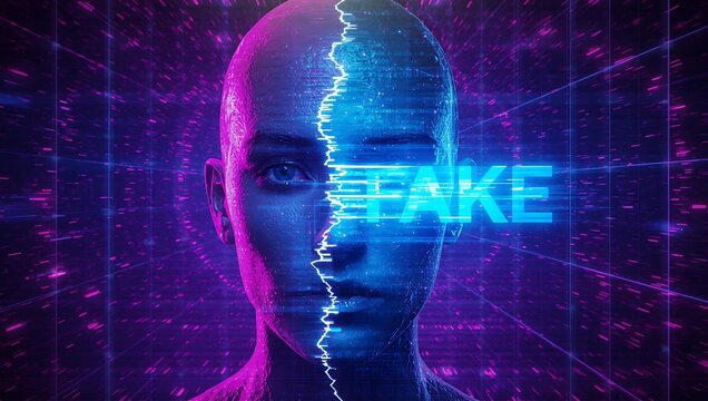 Futuristic digital portrait of a synthetic human face, illuminated with vibrant neon colors, symbolizing the concept of artificial intelligence and deception.