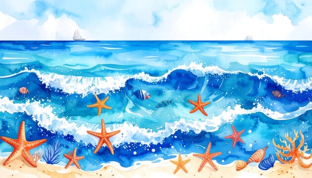 Vibrant watercolor seascape; waves, starfish, and seashells on sandy shore