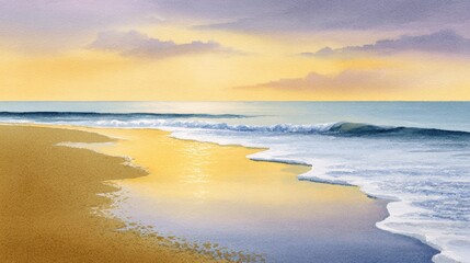 Fototapeta premium Beach background watercolor, A serene beach scene at sunset, featuring gentle waves lapping against the golden sand under a colorful sky.