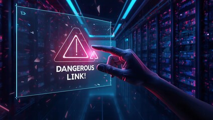 A futuristic hand interacts with a holographic warning sign in a digital server room, highlighting a security alert.