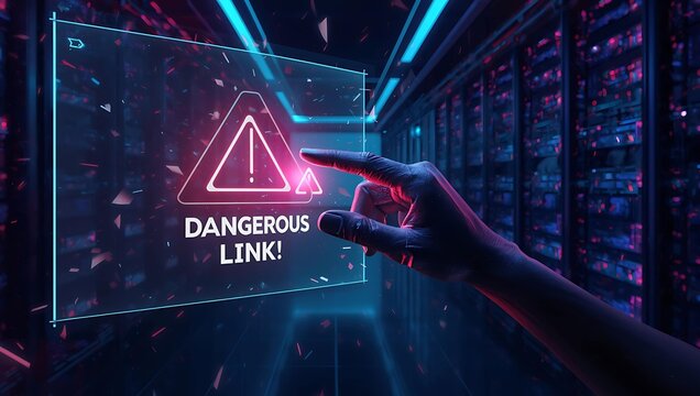 A futuristic hand interacts with a holographic warning sign in a digital server room, highlighting a security alert.