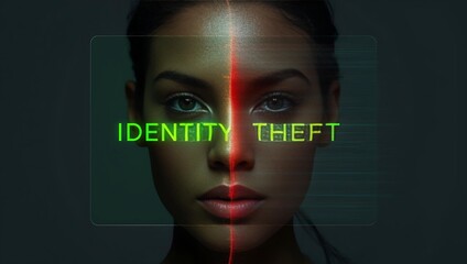 A young woman with a serious expression, featuring digital elements highlighting the theme of identity theft.