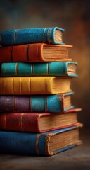 Stack of antique books with colorful, aged leather bindings