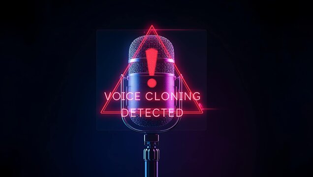 A sleek microphone illuminated with neon colors and a warning about voice cloning detection.