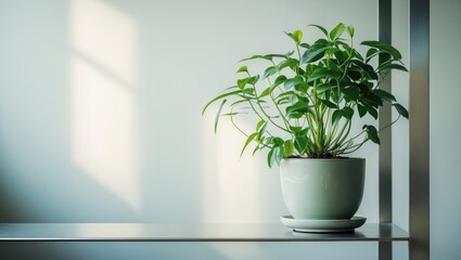 A potted plant on a windowsill with sunlight streaming in.