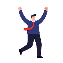 Excited businessman celebrating success with arms raised in the air, expressing joy and achievement after closing a deal in the office, radiating positive energy.