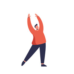 Man stretching arms overhead in simple style, isolated on white, representing relaxation and wellness.