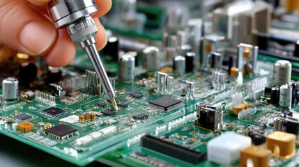 Close-up view of a technician repairing a circuit board with a precision tool in a workspace filled with electronic components