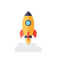 Yellow rocket launching through fluffy white clouds on a clear day, symbolizing innovation and the excitement of new beginnings.