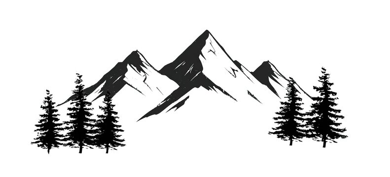 Black vector logo of mountains and pine trees, simple minimalist flat-style cartoon drawing, white background