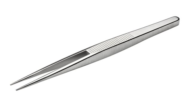 A pair of tweezers with pointed tip and metallic finish