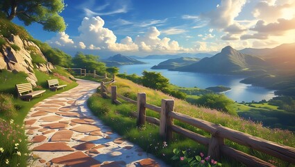 Scenic stone pathway winds through lush green hills overlooking a serene lake at sunset