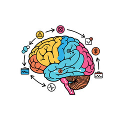 Colorful Brain Illustration with Arrows Symbols and Mental Health Icons on a White Background