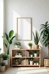 Fototapeta premium Indoor plants and bookshelf with blank frame home decor