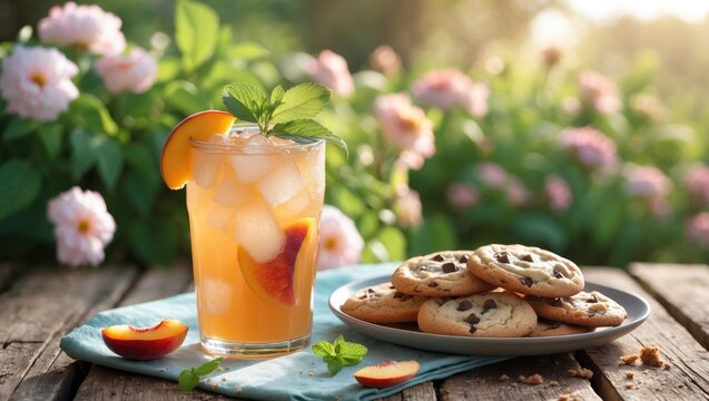 Fresh peach iced tea with mint leaves and a side of chocolate chip cookies on a rustic table in a blooming garden setting.