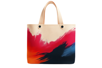 Stylish tote bag with vibrant abstract design, perfect for everyday use or shopping, on white isolated background.