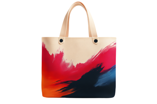 Stylish tote bag with vibrant abstract design, perfect for everyday use or shopping, on white isolated background.