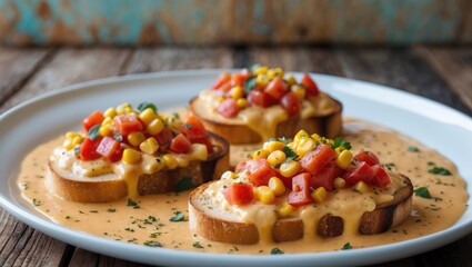 Tostadas with cheese and salsa, topped with corn, tomatoes, and peppers on a white plate.