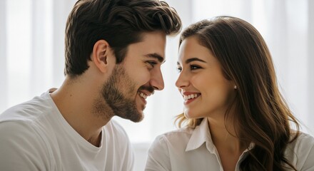 幸せな笑顔輝く恋人 柔らかな光差し込む室内 幸せな時間. AI Generated