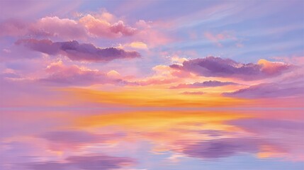 Obraz premium Beach background watercolor, A serene sunset scene with vibrant colors reflecting on calm waters, creating a peaceful and picturesque atmosphere.