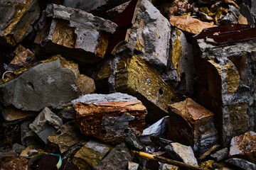 Night dark pile of brick fragments left after the destruction