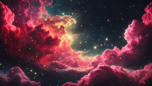 Colorful cloud formations in space with stars and a bright light source. Celestial and astronomical scene. The concept of universe and cosmic phenomena.