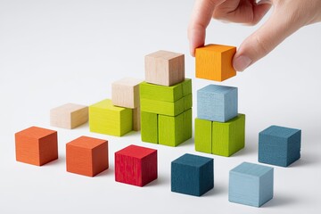 Obraz premium Hand placing colored wooden block on a growing stack