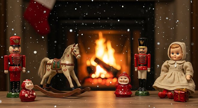A collection of vintage Christmas toys (rocking horse, tin soldier, doll) bathed in the warm, nostalgic glow of a crackling fireplace, with soft snowflakes falling outside a window. 