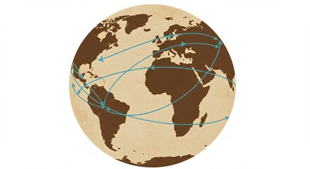 世界地図 古地図風デザイン 淡い光 繋がりを表す線 グローバルネットワーク. AI Generated
