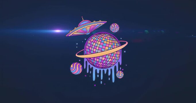 Blue lens flare appearing left and gliding right behind disco-ball planet highlighting space theme