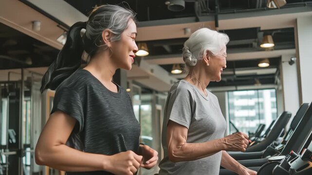 Young active adult child and mature middle age old mum run walk advice workout at gym. Love mental health care older retired mom asia elder people happy protect aging life balance enjoy sport club.