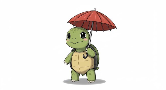 小さな亀傘持ち歩く 雨の日も元気可愛い絵 (Chiisana kame kasa mochi aruku ame no hi mo genki kawaii e) This translates roughly to: "Small turtle walks holding umbrella, cheerful even on rainy day, cute picture"