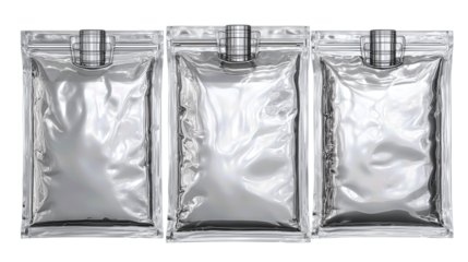 Set of vacuum bags crafted for compact storage, stacked flat with valves turned away, isolated on transparent background.
