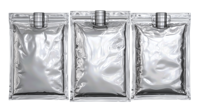 Set of vacuum bags crafted for compact storage, stacked flat with valves turned away, isolated on transparent background.
