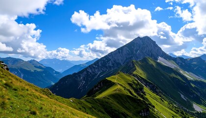 Fototapeta premium Majestic Mountain Peaks Under a Blue Sky with Fluffy Clouds.