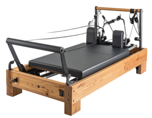  Angled Side View of Pilates Reformer, Highlighting Frame and Accessories, isolated on Clear PNG or White Background