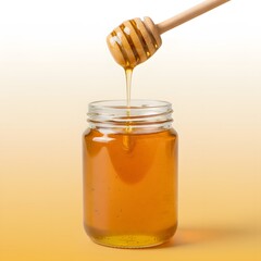 A delightful stream of pure golden honey flows from a classic wooden dipper into a transparent glass jar, embodying sweetness and nature