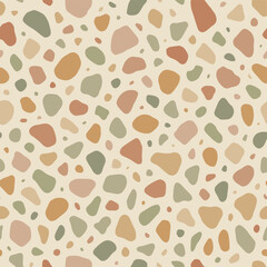 Seamless Terrazzo Vector Pattern with Organic Natural Texture. A fully editable vector seamless terrazzo pattern featuring irregular, organic shapes in earthy natural tones. The design highlights ecol